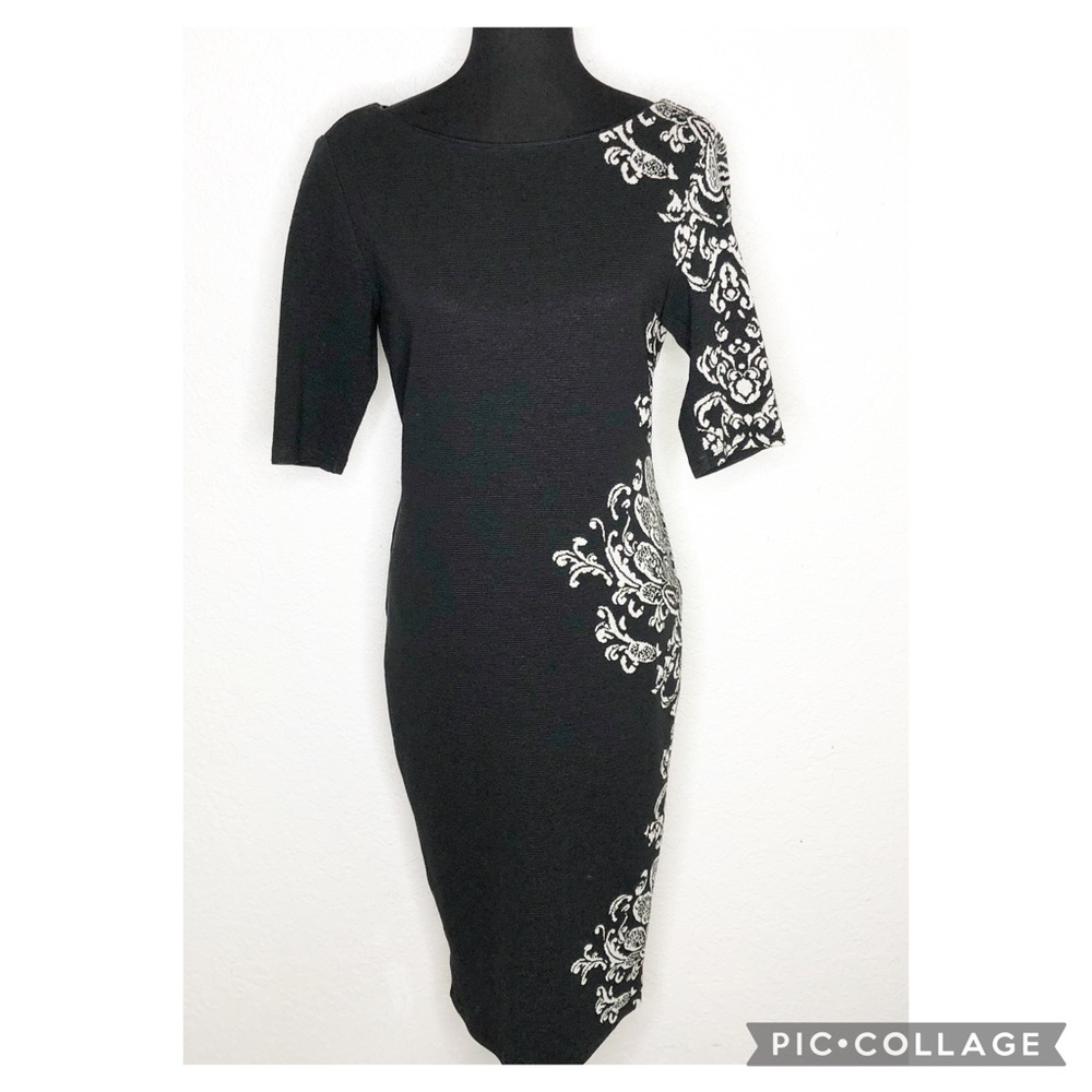 Yoana Baraschi black white floral ribbed knit v back midi sheath dress Large